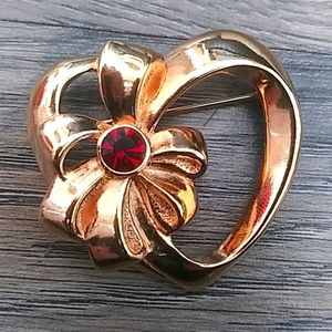 Vintage Avon Bow Brooch Heart & Ribbon Flower Ruby